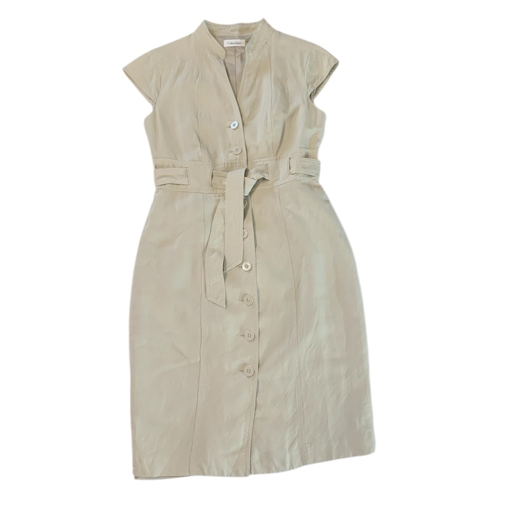 CALVIN KLEIN Linen Blend Button Down Khaki Dress Sz M - Picture 7 of 13